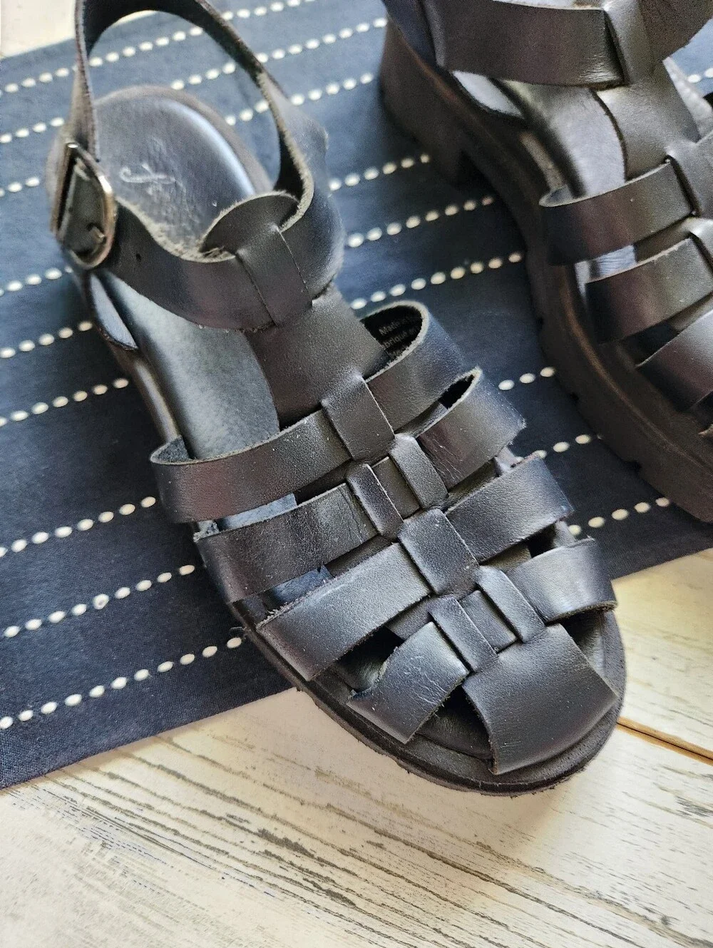Free People Delaney Fisherman Platform Sandals Leather Black Size 39 US 8.5